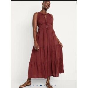 Old Navy Fit Flare Rust Red Cotton Gauze Midi Maxi Dress Boho Burgundy XXL